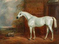 Fine Oleograph on Canvas - A White Stallion by a Stable