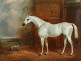 Fine Oleograph on Canvas - A White Stallion by a Stable