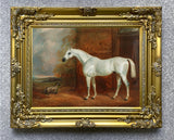 Fine Oleograph on Canvas - A White Stallion by a Stable