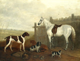 Fine Oleograph on Canvas - White Horse with Hounds  in a Stable Yard