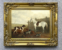 Fine Oleograph on Canvas - White Horse with Hounds  in a Stable Yard