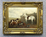 Fine Oleograph on Canvas - White Horse with Hounds  in a Stable Yard