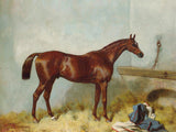 Fine Oleograph on Canvas of a Chestnut Racehorse in a Stable after Harry Hall