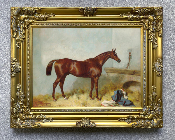 Fine Oleograph on Canvas of a Chestnut Racehorse in a Stable after Harry Hall