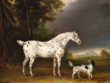 Excellent Oleograph on Canvas - Portrait of a Grey Horse & Dog in a Landscape