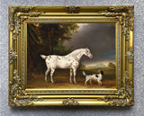 Excellent Oleograph on Canvas - Portrait of a Grey Horse & Dog in a Landscape