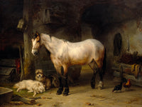 Excellent Oleograph on Canvas - Portrait of a Dun Horse, Dogs & Chickens in a Stable