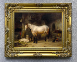 Excellent Oleograph on Canvas - Portrait of a Dun Horse, Dogs & Chickens in a Stable