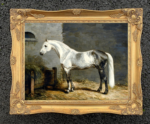 Oleograph on Canvas of a Dapple Grey Horse in a Stable