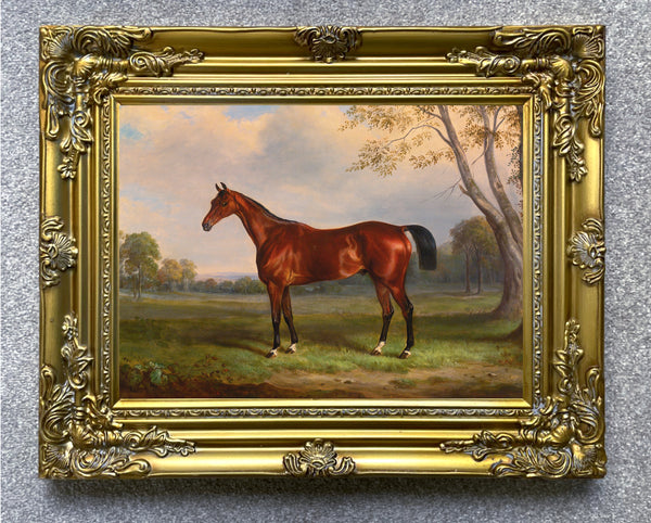 Fine Oleograph on Canvas - Bay Horse by a Tree