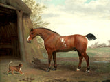 Fine Oleograph on Canvas of a Chestnut Horse & Terrier in a Yard