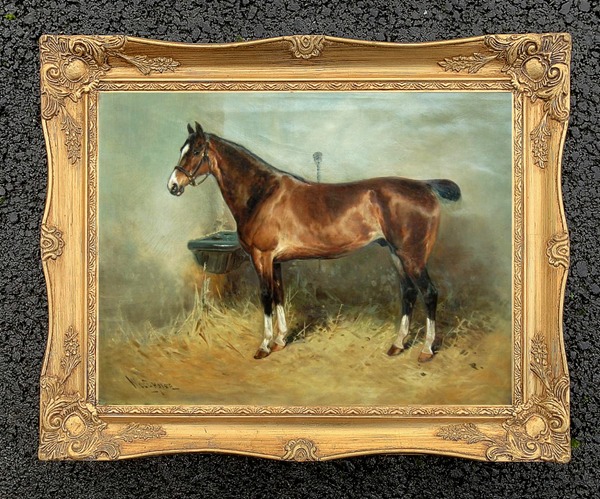 Oleograph on Canvas of a Bay Hunter in a Stable