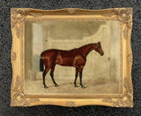 Gilt Framed Oleograph of  a Bay Hunter in a Stable after J.F.Herring