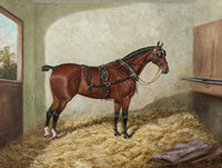 Oleograph on Canvas of a Bay Horse in a Stable