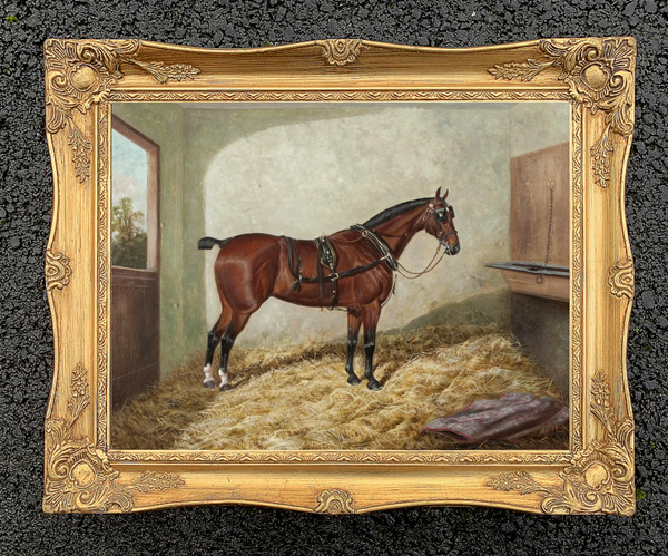 Oleograph on Canvas of a Bay Horse in a Stable