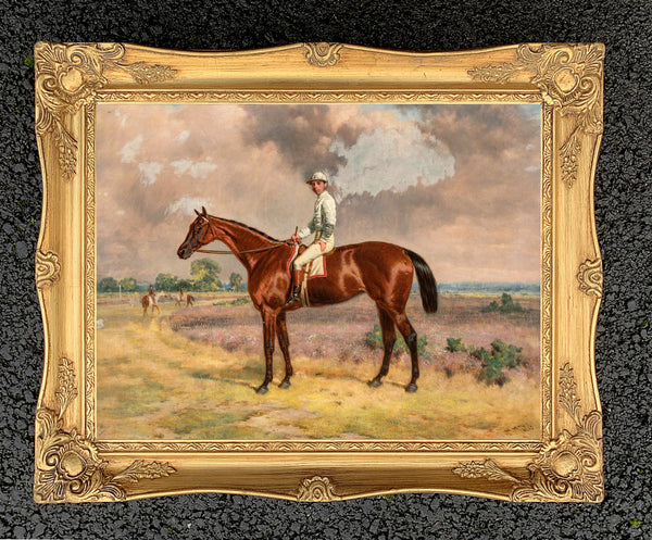 Oleograph on Canvas of a Racehorse with Jockey Up