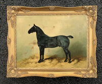 Oleograph on Canvas of a Black Horse in a Stable