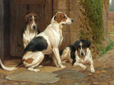 Gilt Framed Oleograph -  Foxhounds by a Stable after John Emms