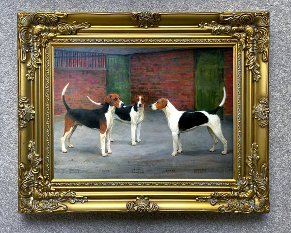 Fine Oleograph on Canvas of  3 Foxhounds in a Yard