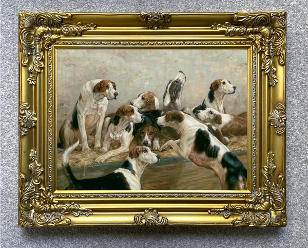 Fine Oleograph on Canvas of Foxhounds at Rest