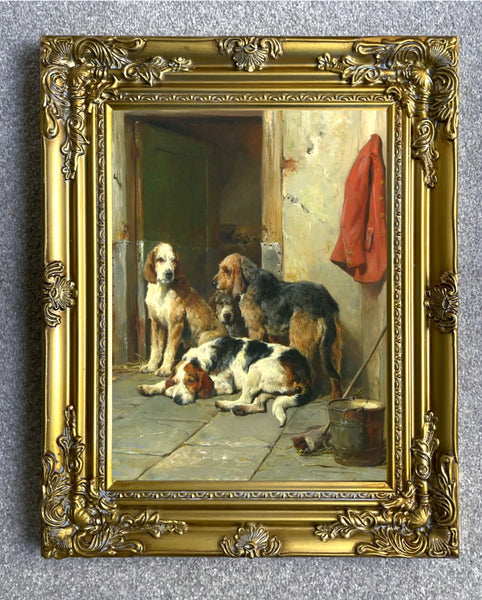 Fine Oleograph on Canvas - "Hounds outside a Stable"