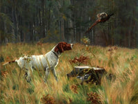 Framed Oleograph on Canvas - Hounds  Pheasant Hunting