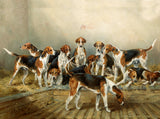 Fine Framed Oleograph of  Foxhounds in a Stable