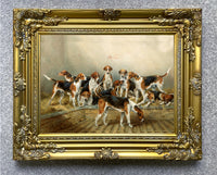 Fine Framed Oleograph of  Foxhounds in a Stable