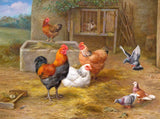 Fine Oleograph on Canvas - Chickens & Pigeons in a Yard