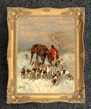 Oleograph on Canvas of a Huntsman & Hounds in Winter