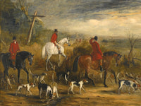 Oleograph on Canvas of Huntsmen & Hounds at a Crossroads