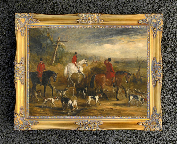 Oleograph on Canvas of Huntsmen & Hounds at a Crossroads