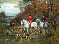 Oleograph on Canvas of a Huntsman on a Grey Hunter with Hounds