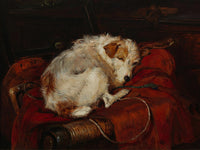 Gilt Framed Oleograph of a Jack Russell sleeping