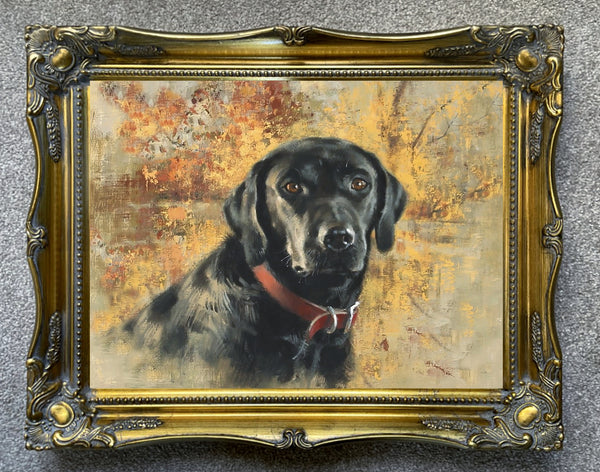 Fine Gilt Framed Oleograph -  Portrait Study of a Black Labrador/Retriever