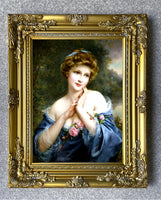 Large Gilt Framed Oleograph Portrait of a Lady in Blue