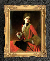 Large Gilt Framed Oleograph Portrait of a Victorian Lady in Red