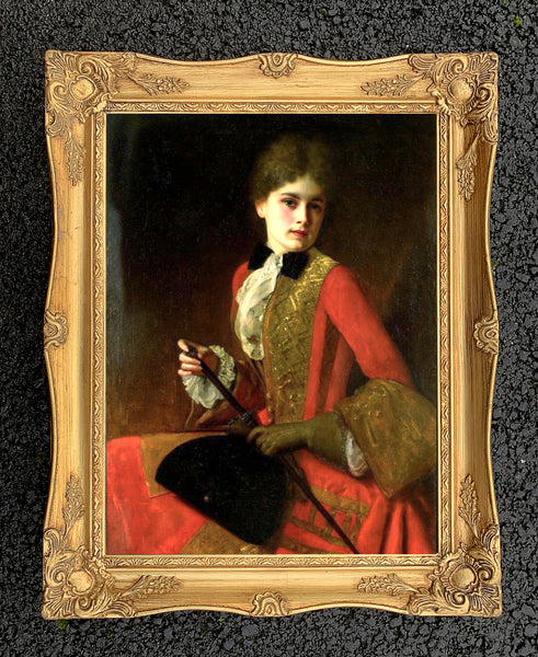 Large Gilt Framed Oleograph Portrait of a Victorian Lady in Red