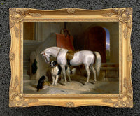 Gilt Framed Oleograph of a White Horse in a Stable