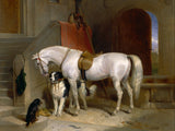 Gilt Framed Oleograph of a White Horse in a Stable