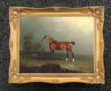 Oleograph on Canvas of "Musk" a Bay Horse in a Landscape