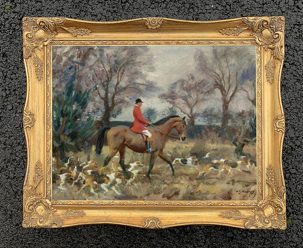 Oleograph on Canvas of a Huntsman & Hounds after Munnings