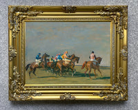 Fine Oleograph on Canvas of Racehorses "Silks & Satins" aft. Munnings