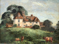 British 1950's Post Impressionist Oil on Board - Cattle before a Country Farmhouse SOLD