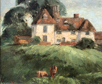 British 1950's Post Impressionist Oil on Board - Cattle before a Country Farmhouse SOLD