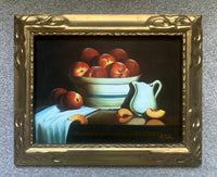 Fabulous Still Life Oil on Wood Panel - Peaches in a Blue & White Bowl SOLD