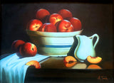 Fabulous Still Life Oil on Wood Panel - Peaches in a Blue & White Bowl SOLD