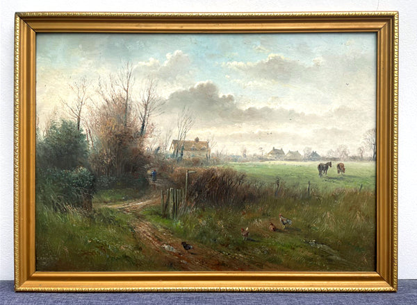 Superb Large Vintage Oil on Board - Farmhouse Landscape with Chickens & Horses in a Paddock - J G Mace 1991 SOLD