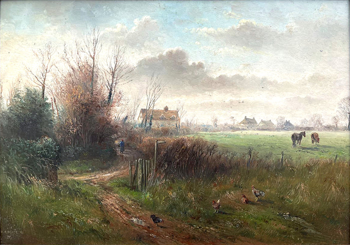 Superb Large Vintage Oil on Board - Farmhouse Landscape with Chickens & Horses in a Paddock - J G Mace 1991 SOLD