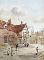 Fine C19th Victorian Watercolour depicting a busy Village Street Scene by J Cox SOLD